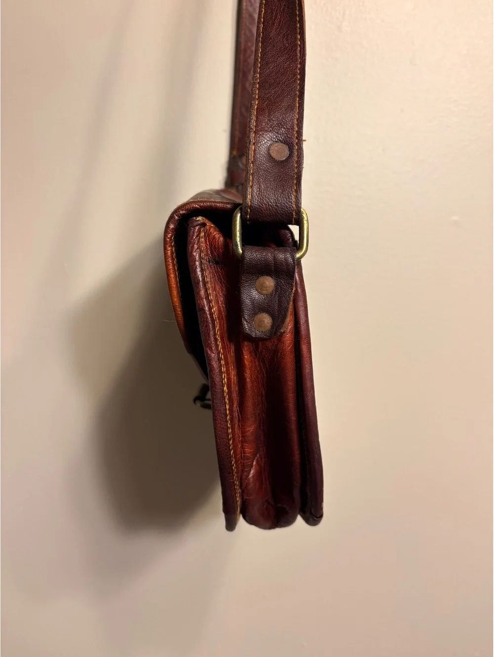 Vintage Brown Leather Crossbody Bag w/ Green Lining Purse WhimsyGoth Goblincore